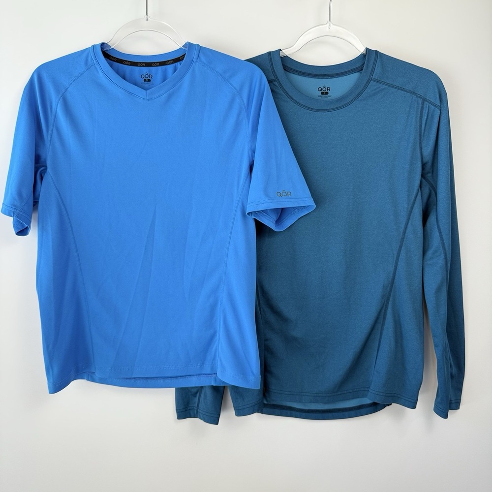 QOR Mens Small Lot 2 Performance Shirts Blue Short Sleeve Long Sleeve Polygiene